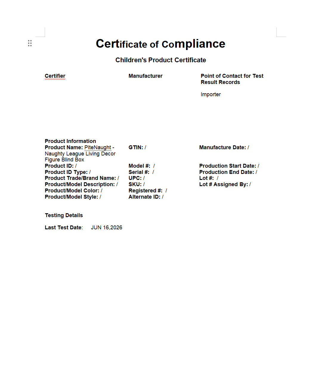 UPSET DUCK Children's Product Certificate